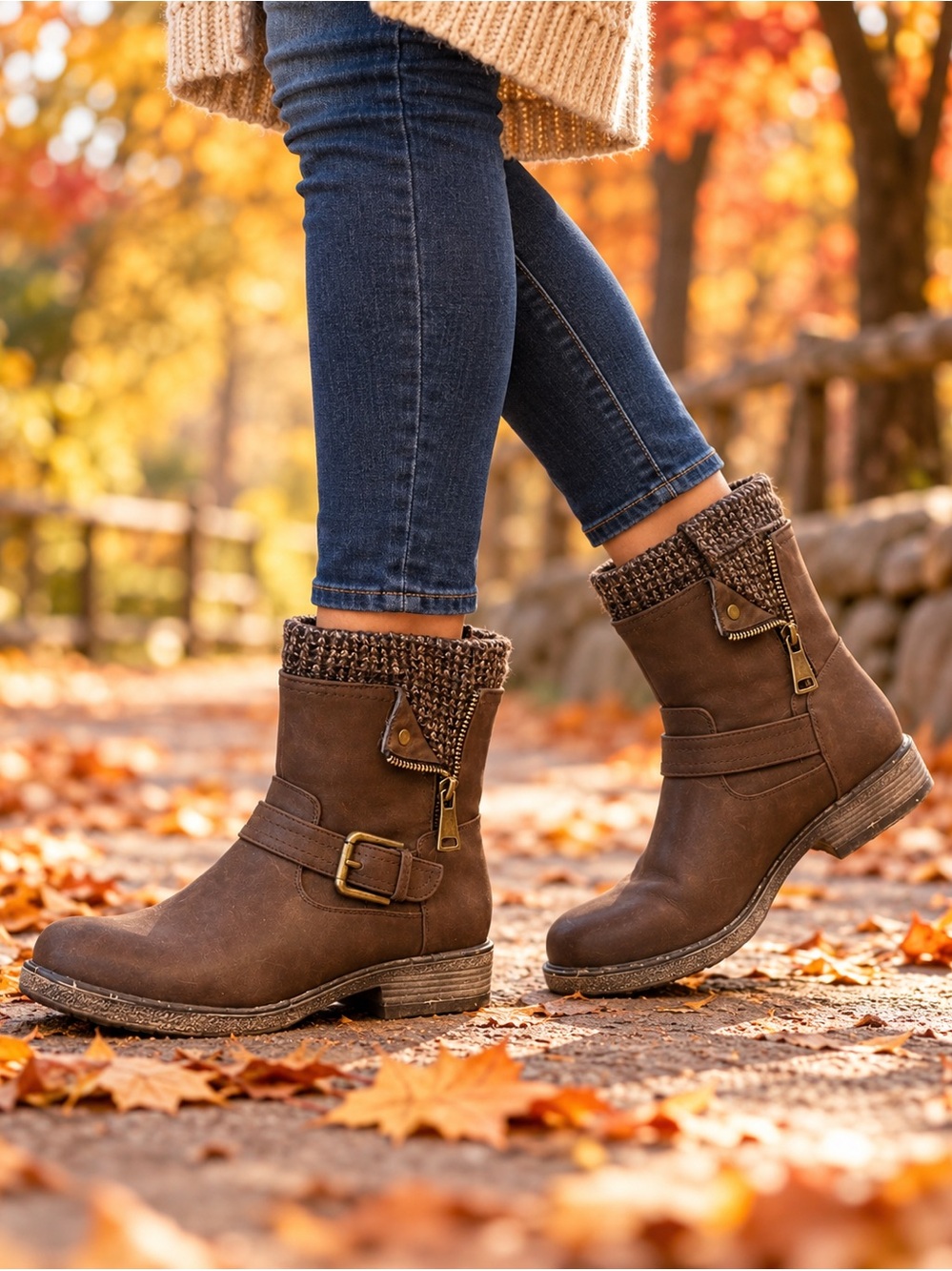 Brown Faux Leather Mid Calf Ankle Moto Boots